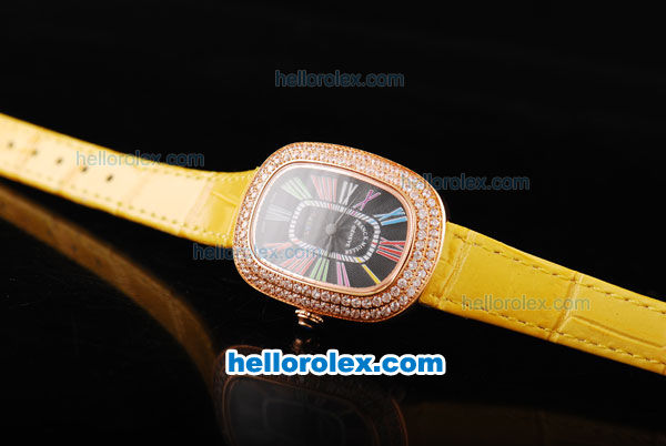 Franck Muller Galet Quartz Movement RG Case with Black Dial and Diamond Bezel-Yellow Leather Strap - Click Image to Close